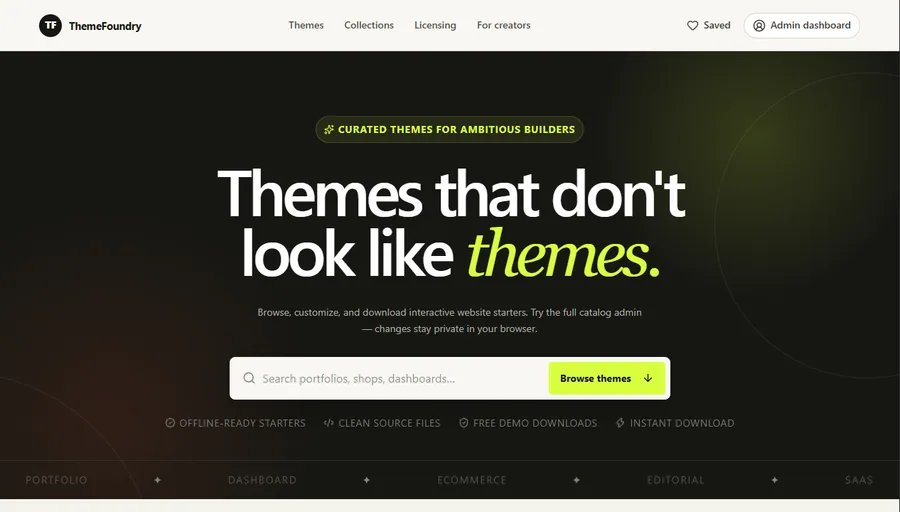 ThemeFoundry marketplace with theme discovery and starter customization