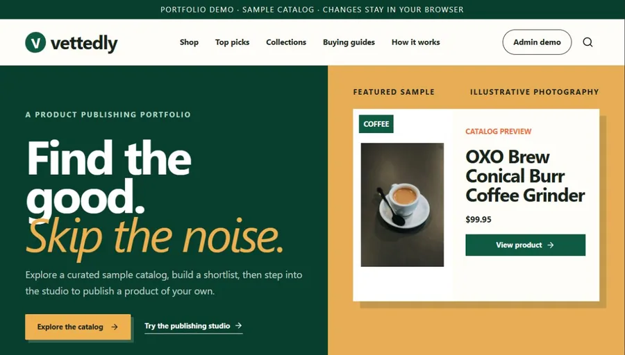 Vettedly product catalog with a featured product and editorial storefront