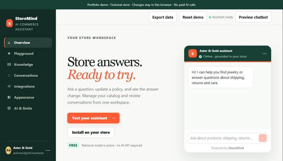 StoreMind commerce assistant dashboard with store knowledge and conversation tools