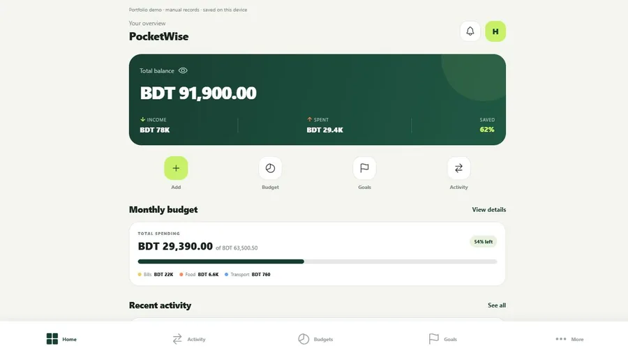 PocketWise dashboard with transaction tracking, budgets and account balances