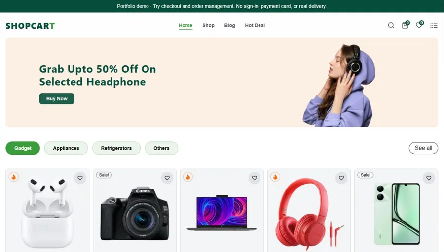 Shopcart storefront showing product discovery and shopping navigation