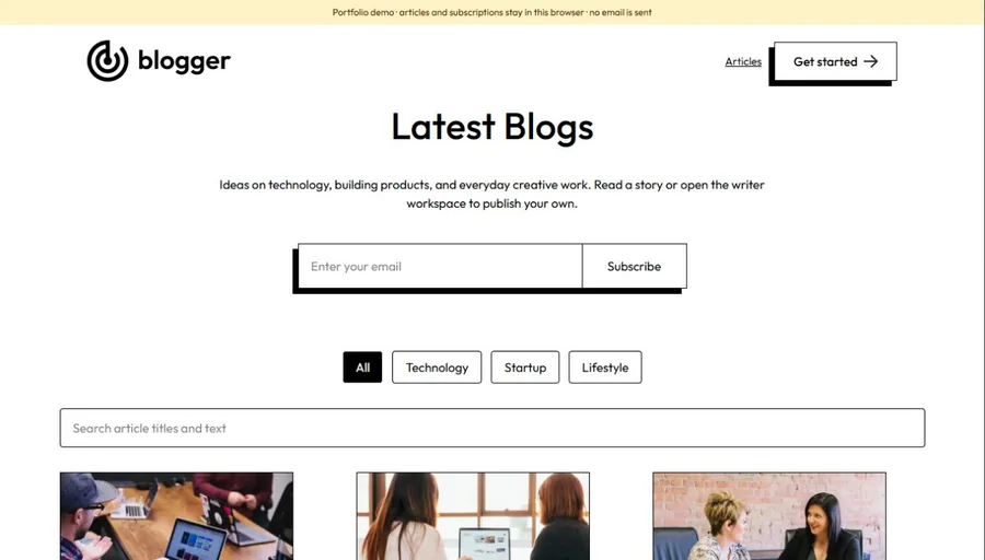 Journal publishing website with featured articles and search